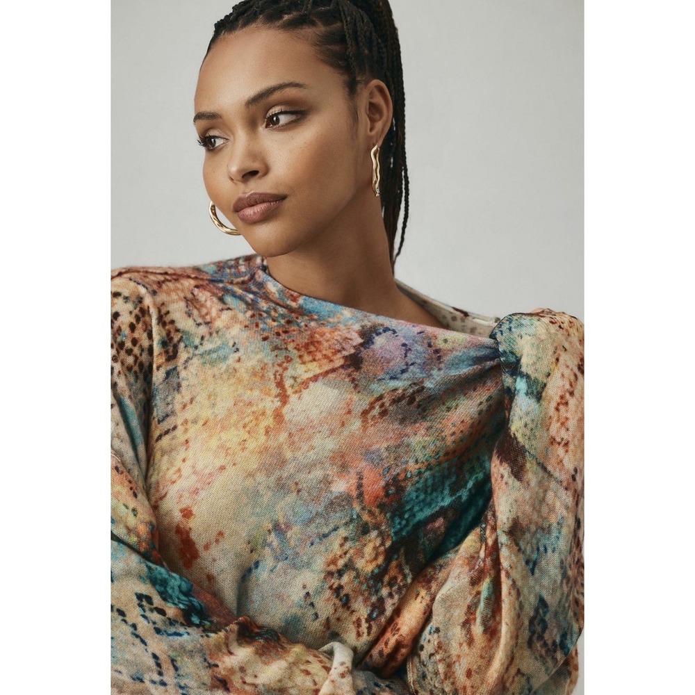 PILCRO Anthropologie XSP Alani 100% Cashmere Mock-Neck Sweater Snakeskin Rainbow